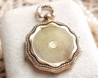 French Antique XIX-Century Silver Gold Vermeil Engine Pattern Locket, Pocket Watch Shape Victorian Photo Holder Pendant, Gift for Her or Him