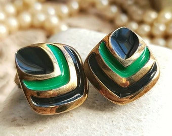 Beautiful French Vintage c1940s Green and Black Enamel Gold Tone Metal Geometric Clip On Earrings, Minimalist Vintage Jewelry, Gift for Her