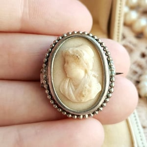 RARE Beautiful Antique French XIX-Century Cameo Brooch, Carved Limestone Cameo Victorian Portrait Pin, Vintage Wedding, Gift for Her