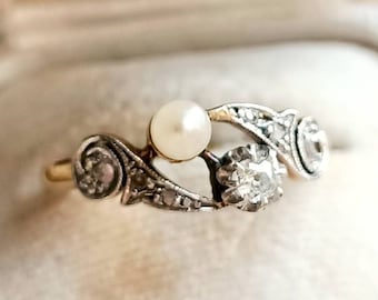 Beautiful French Antique 18k Gold Diamonds & Pearl Toi et Moi Art Nouveau Ring, Engagement Gold Diamond Ring, Vintage Wedding, Gift for Her