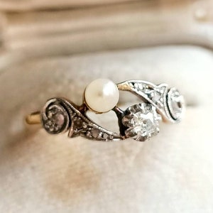 Beautiful French Antique 18k Gold Diamonds & Pearl Toi et Moi Art Nouveau Ring, Engagement Gold Diamond Ring, Vintage Wedding, Gift for Her