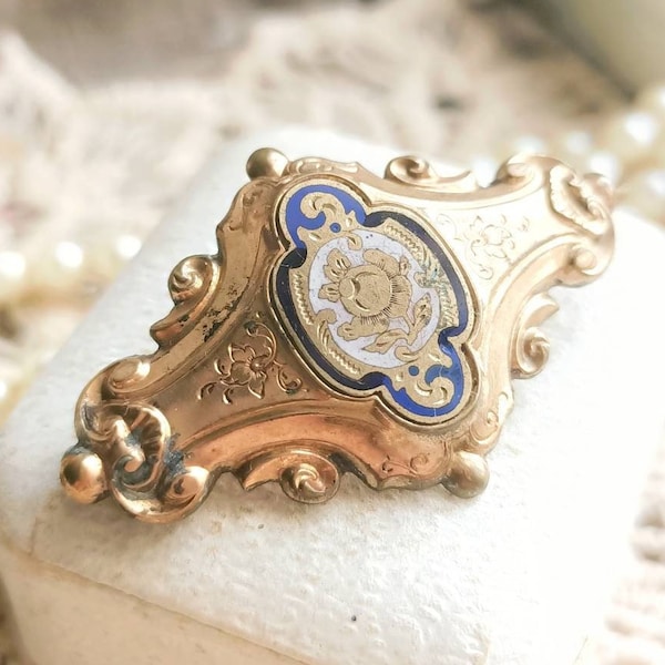 Beautiful French Antique XIX-Century Rose Gold Plated Floral Victorian Brooch, Ornate Rose Blue Enamel Pin, Vintage Wedding, Gift for Her