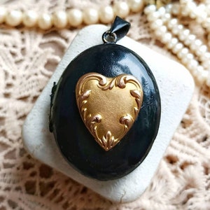 Beautiful BIG French Antique XIX-Century Glass Window Black Mourning Victorian Locket, Art Nouveau Gold Filled Heart Pendant, Gift for Her