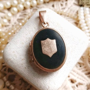 Prachtige 19e-eeuwse Franse antieke roségoud gevulde zwarte onyx Victoriaanse ovale reliekschrijn medaillon, antieke fotohouder hanger, cadeau voor haar