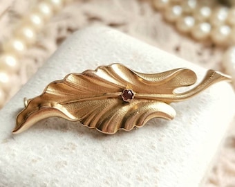 Beautiful French Antique Art Nouveau c1910 18k Gold Filled Ruby Paste Leaf Shape Brooch, Antique Gold Satin Finish Pin, Gift for Her or Him