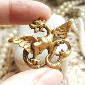 RARE Beautiful French Antique c1900s Art Nouveau Gold Filled Griffin Brooch, XIX-Century Antique Mythical Creature Pin, Gift for Her or Him