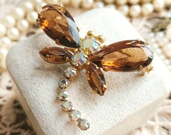 Schöne französische Vintage c1950s Honey Topas Glass & Aurora Borealis Strass Schmetterling Libelle Brosche, Vintage Insekt Pin, Geschenk für Sie