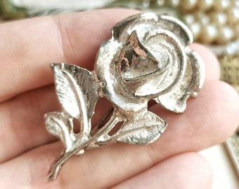 Beautiful French Vintage Silver Tone Metal Rose Flower Brooch, Floral Structured Vintage Brooch, Garden & Nature Lover Gift, Gift for Her