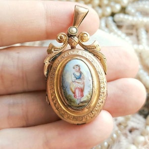 RARE Antique French XIX-Century Miniature Enamel Painting Gold Filled Locket, Victorian Photo Holder Pendant, Vintage Wedding, Gift for Her