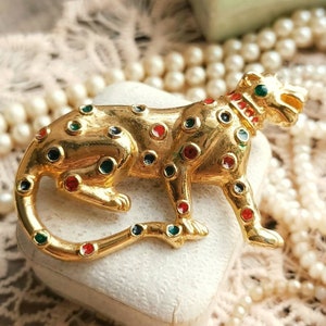 Schöne GROSSE Französische Vintage c1960 Bunte Emaille Leopard Gold Ton Brosche, Retro Gold Panther Brosche, Vintage Tier Schmuck, Geschenk für Sie