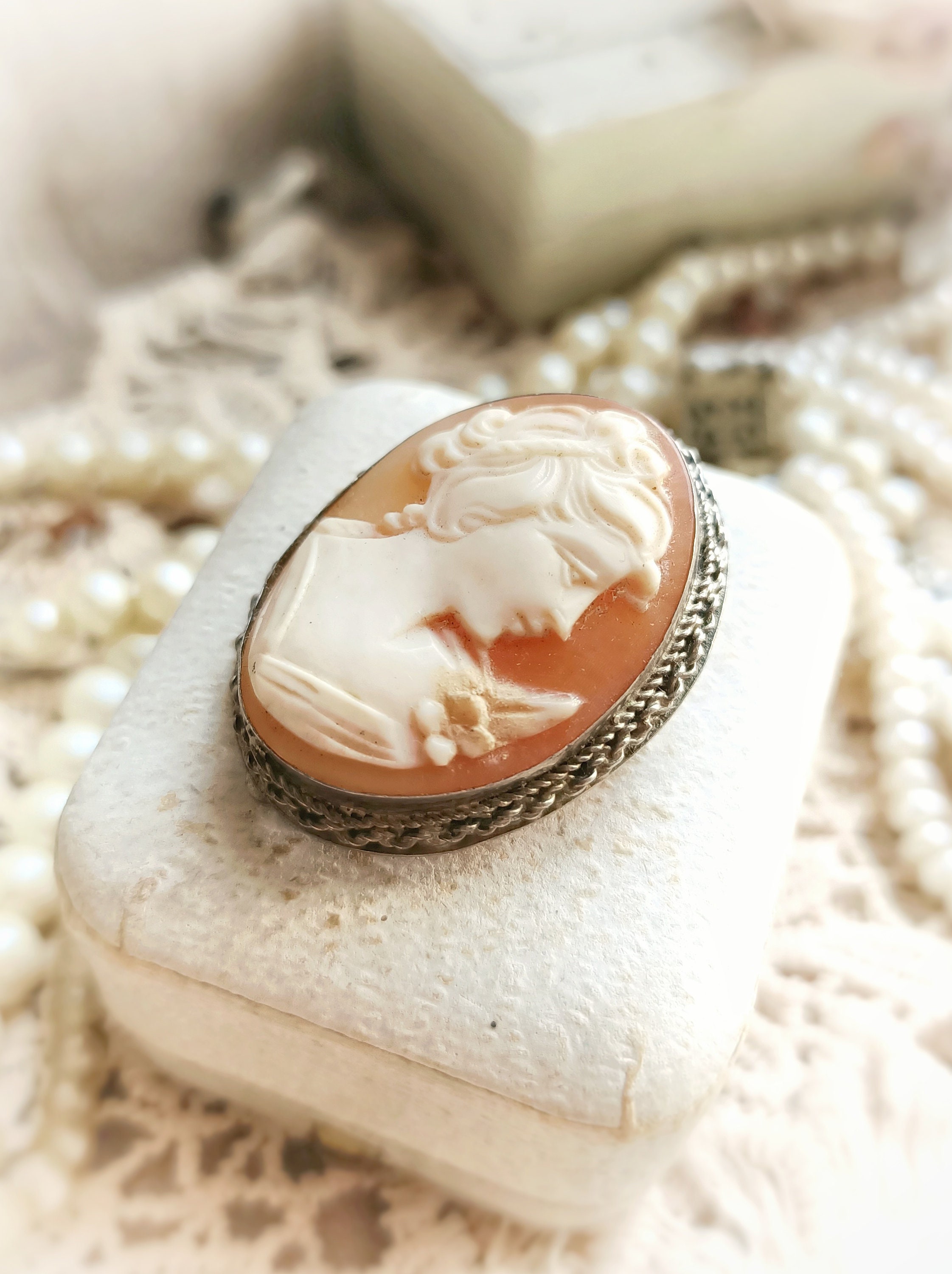 Beautiful Antique French C1920s Carved Shell Cameo Silver Frame Brooch ...