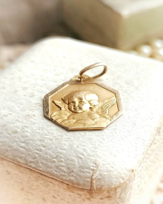 Pendentif Ancien En Or 18k Français - Profil De Dame Style Art Nouveau, Cœur Floral, Bijou Vintage
