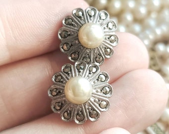 Beautiful Antique French Pearls & Marcasites Flower Shape Stud Silver Earrings, Edwardian Antique Earrings, Vintage Wedding, Gift for Her