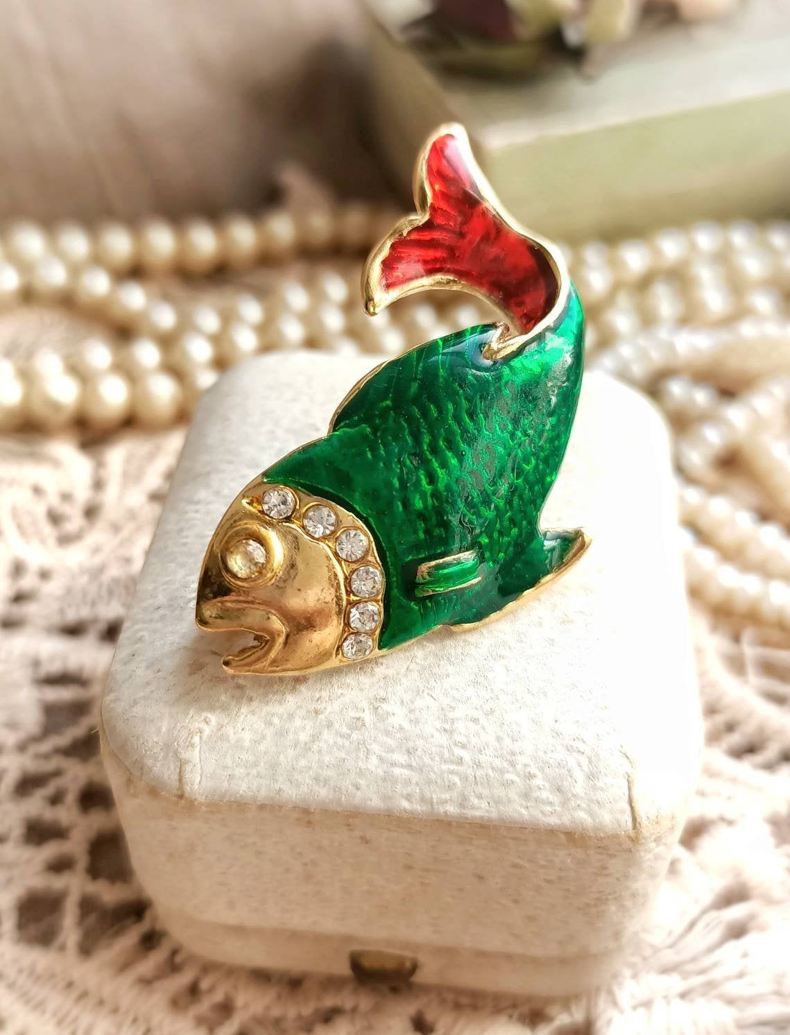 Beautiful French Vintage Green and Red Enamel Rhinestones Gold Tone Metal Fish Brooch, Big Colorful Animal Vintage Brooch, Gift for Her