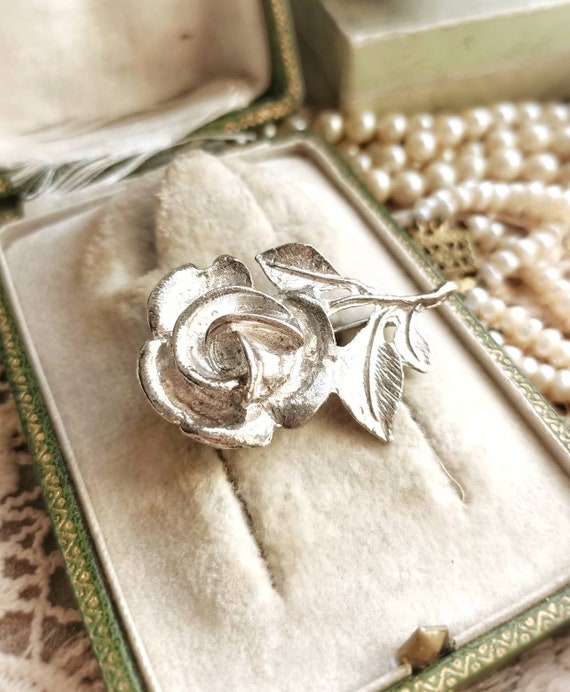 Beautiful French Vintage Silver Tone Metal Rose F… - image 2