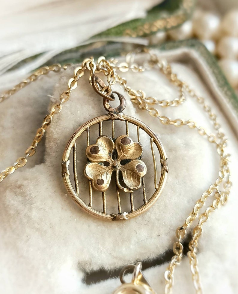 Mother/'s Day Gift for Her Rare Beautiful French Antique Gold Filled Four-leaf Clover Round Necklace Victorian Dainty Clover Gold Pendant