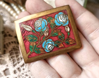 Broche Vintage émail Cloisonné Style Art Déco Années 1920/1925 - Motif Floral, Cuivre - À Restaurer (petit éclat)