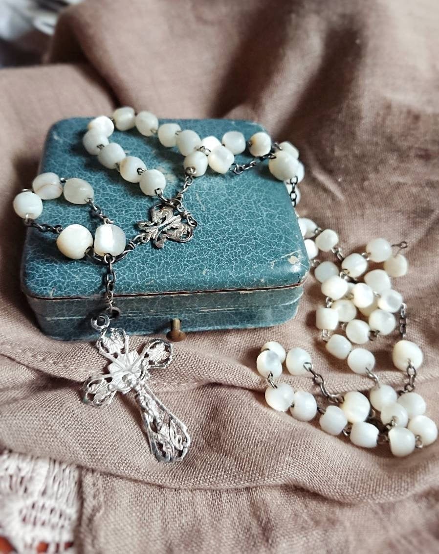 Rare Antique Français Xix-Century Hand Poli Mother Of Pearl & Silver Rosary, Victorien Des Années 18
