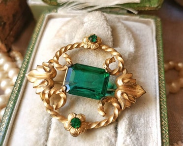 Grande Broche Vintage Couleur Or Avec émail Vert Et Orange - Bijou Fantaisie Années 70, Occasion En état Impeccable