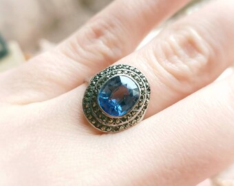 Bague Ancienne Art Déco En Argent 925 Et Vermeil - Taille 48 Avec Pierre Bleue - Occasion