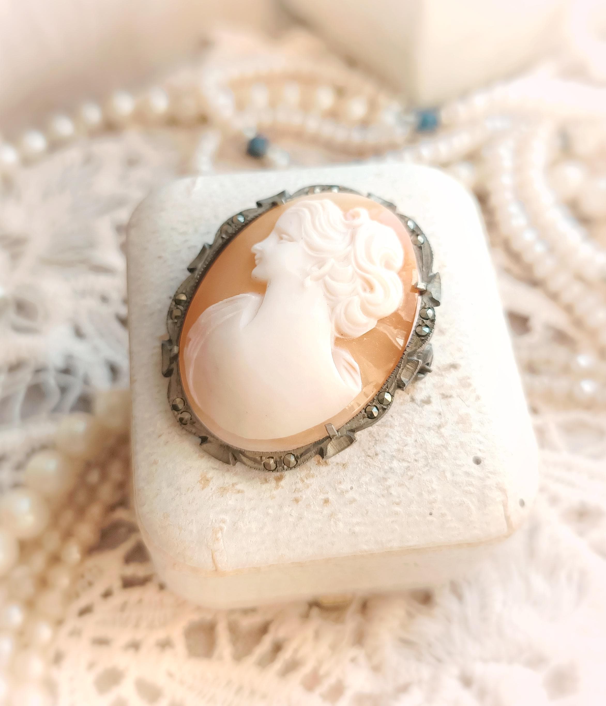 美しいフランス製ヴィンテージ 1930年代 彫刻シェルカメオ シルバー