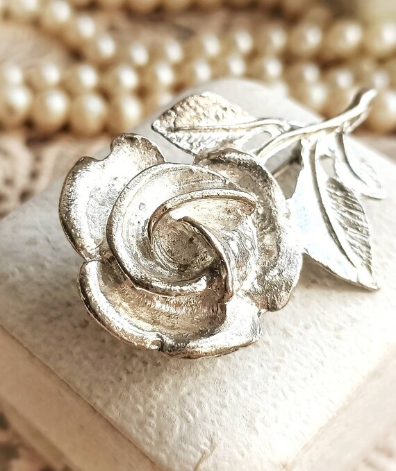 Beautiful French Vintage Silver Tone Metal Rose F… - image 7