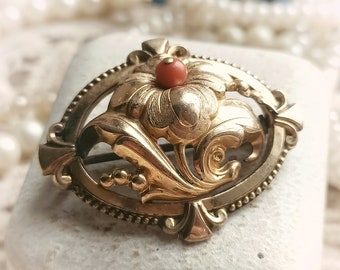 Beautiful French Antique XIX-Century Rose Gold Filled & Coral Victorian Flower Ornate Brooch, Vintage Wedding, Gold Gift for Her or Him