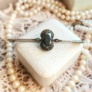 Beautiful Antique French c1920s Hematite Cabochon & Marcasites Silvered Bar Brooch, Antique Art Deco Brooch, Vintage Wedding, Gift for Her