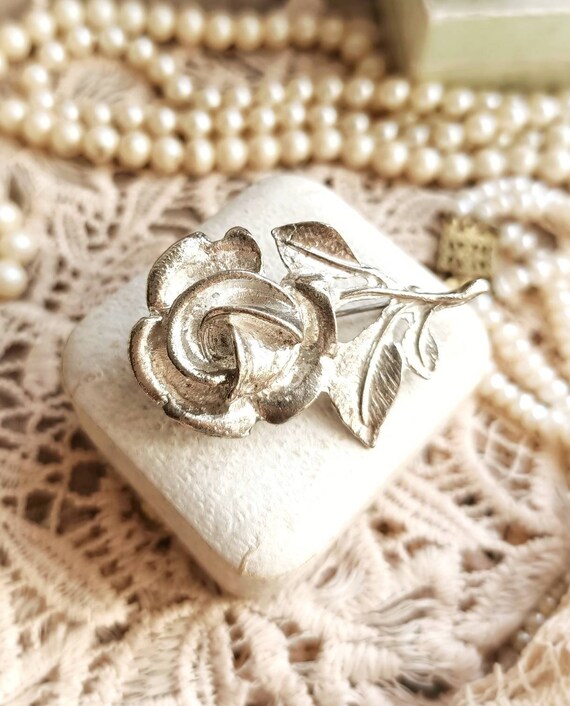 Beautiful French Vintage Silver Tone Metal Rose F… - image 5