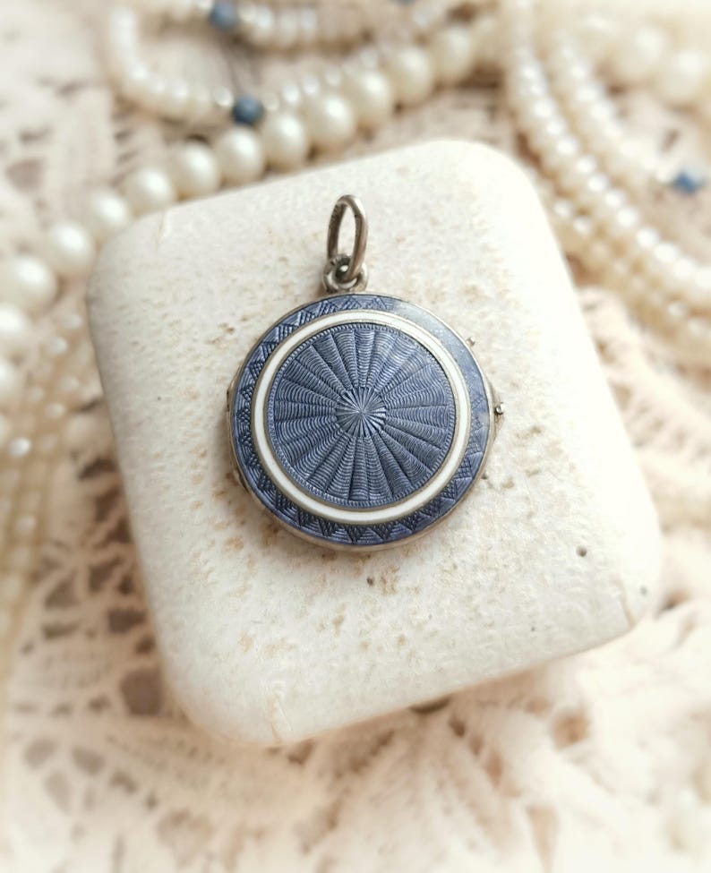 Beautiful Antique French Guilloche Silver Blue Enamel Engraved Round