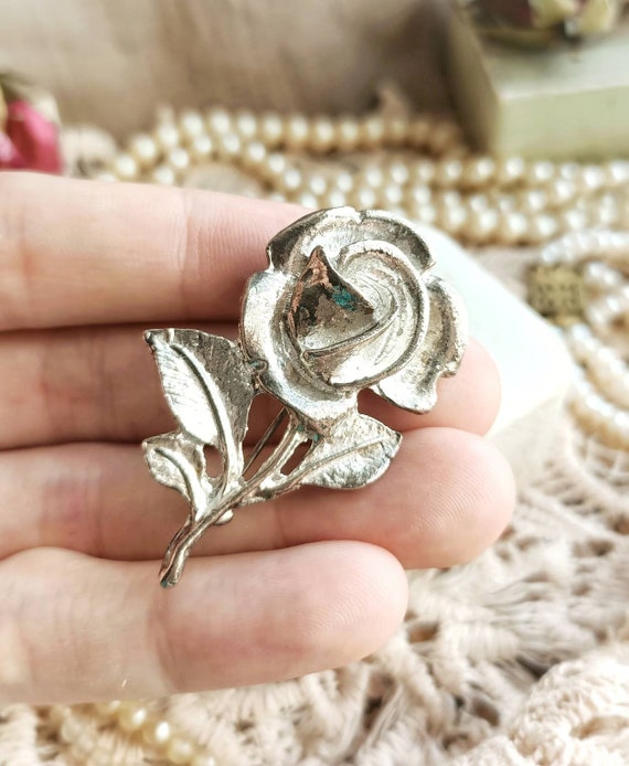 Beautiful French Vintage Silver Tone Metal Rose F… - image 6