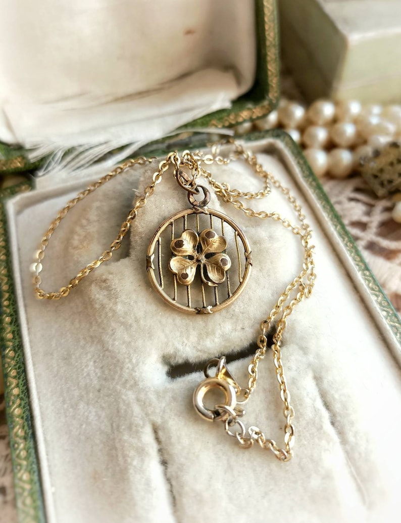 Mother/'s Day Gift for Her Rare Beautiful French Antique Gold Filled Four-leaf Clover Round Necklace Victorian Dainty Clover Gold Pendant