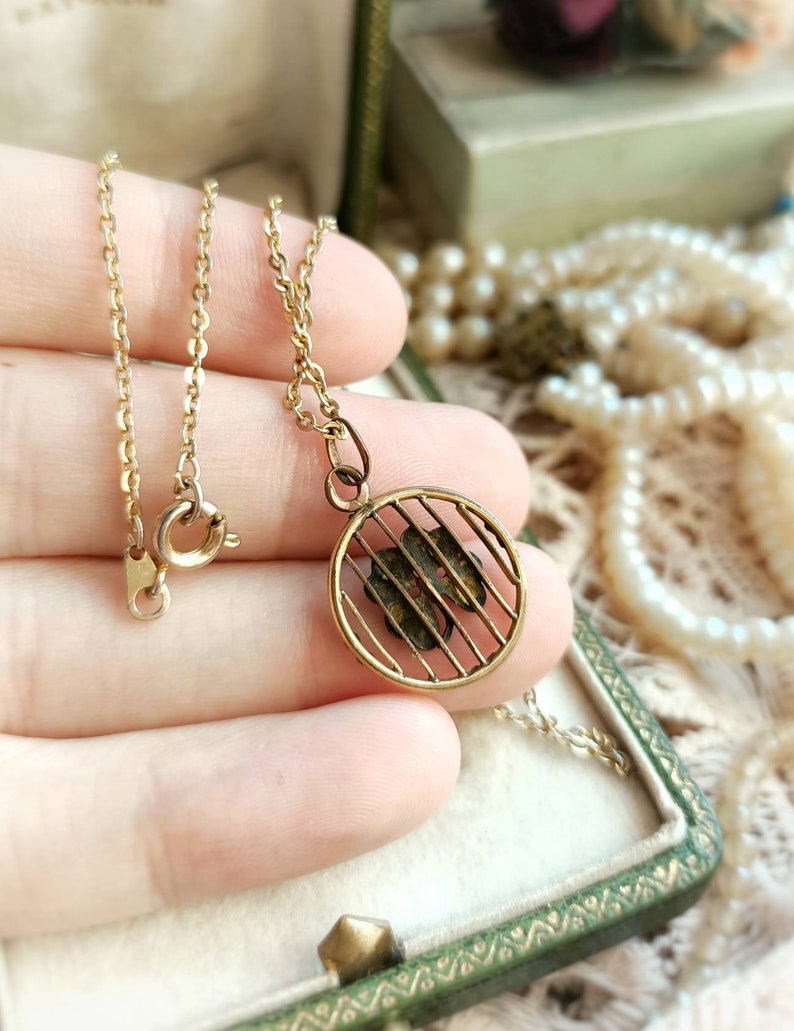Mother/'s Day Gift for Her Rare Beautiful French Antique Gold Filled Four-leaf Clover Round Necklace Victorian Dainty Clover Gold Pendant