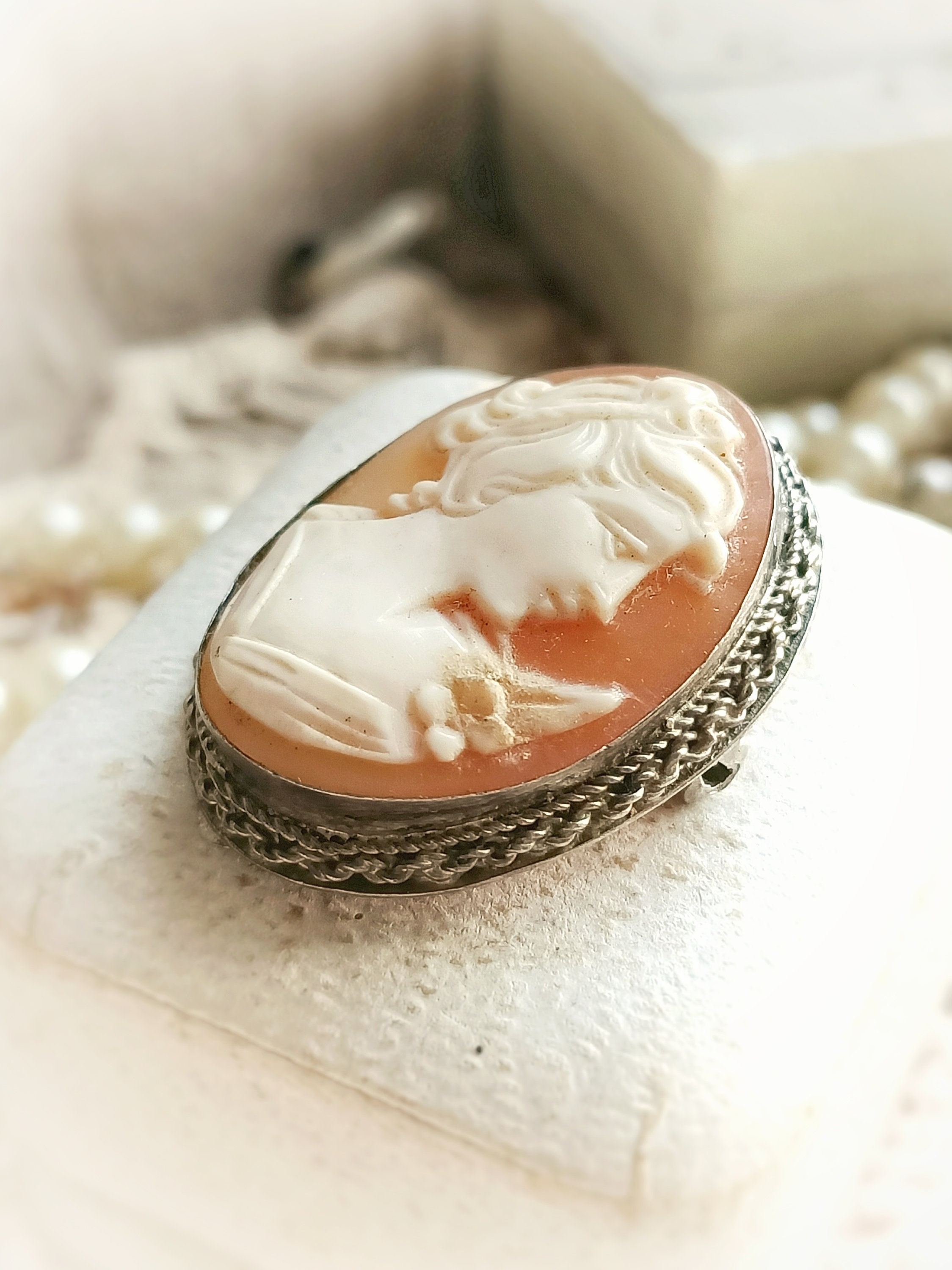 Beautiful Antique French C1920s Carved Shell Cameo Silver Frame Brooch ...