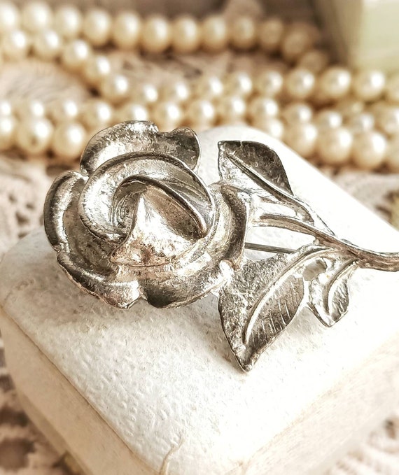 Beautiful French Vintage Silver Tone Metal Rose F… - image 8