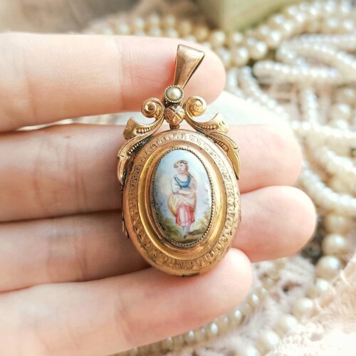Collier Pendentif Locket Vintage XIXe Siècle Photo Ancienne - Plaqué Or - Souvenir Français