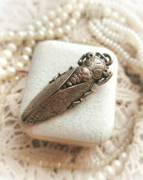 BIG French Antique c1920s Silvered Cicada Pendant,