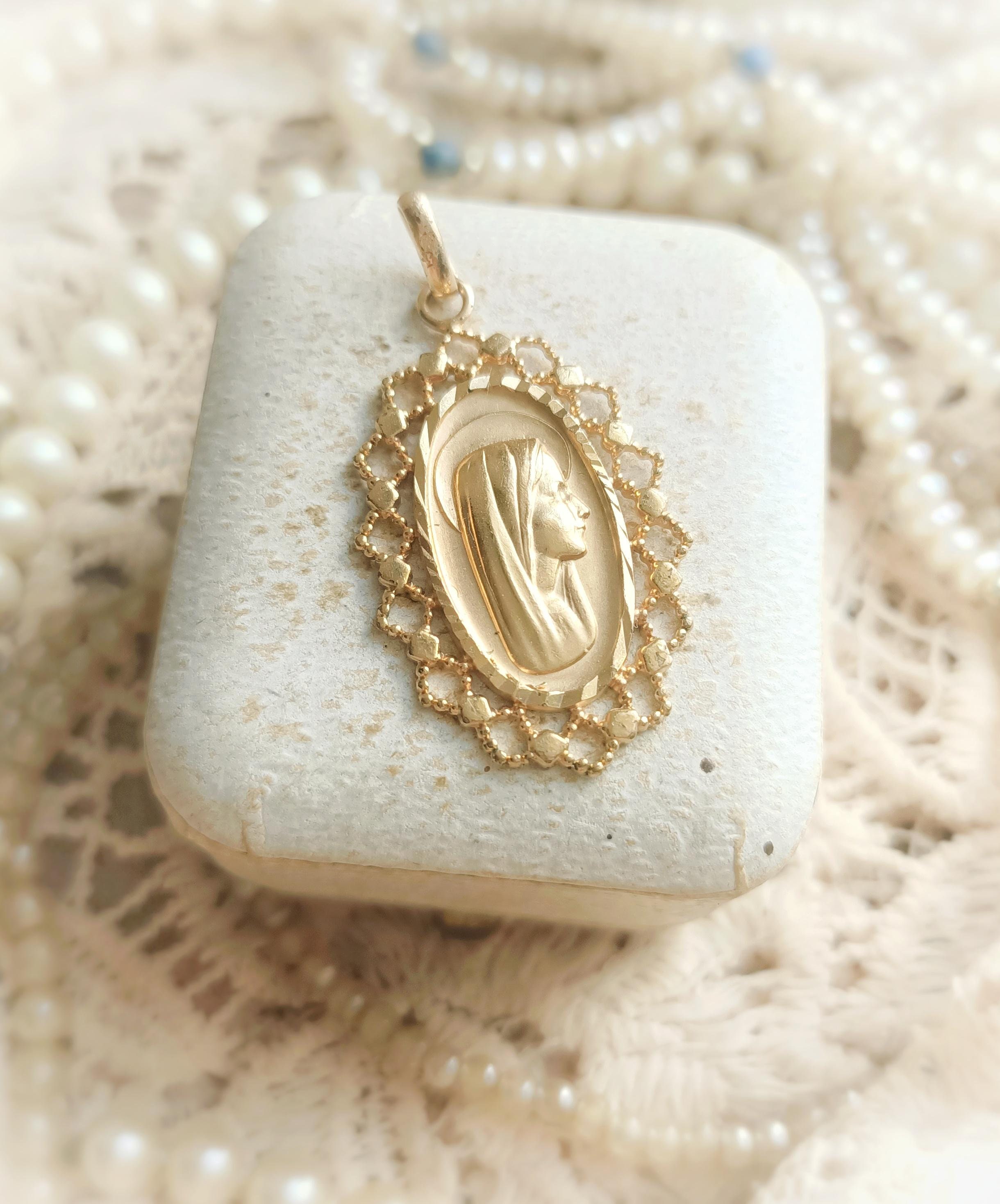 Pendentif Médaille Ancien Plaqué Or Style Art Déco / Religieux - Vintage Français