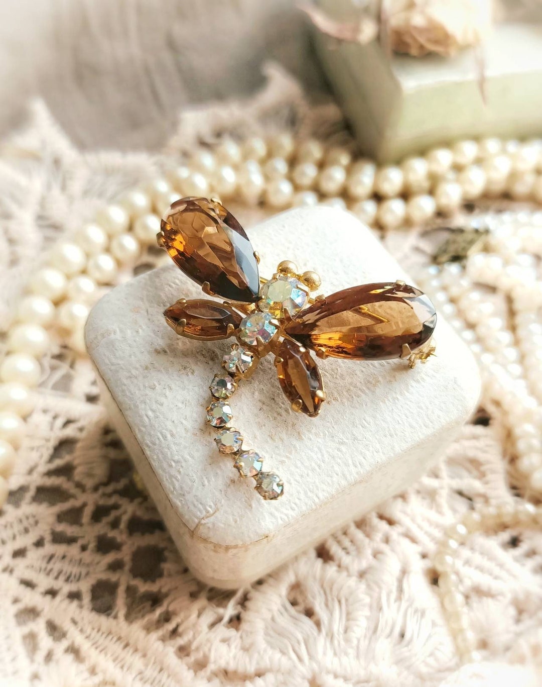 Alilang Golden Dragonfly Brooch Pin With Aurora Borealis Rhinestones - Topaz Crystal Insect Jewelry - View #6