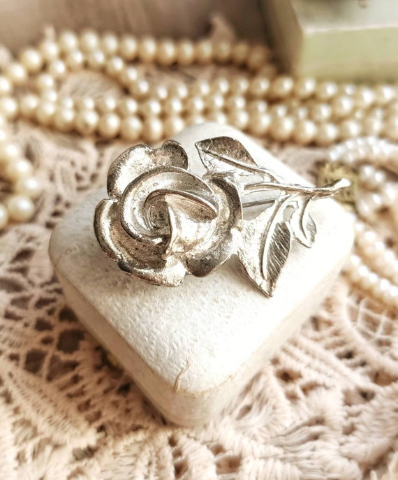 Beautiful French Vintage Silver Tone Metal Rose F… - image 10