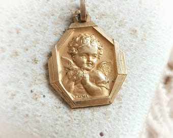 Bellissimo ciondolo francese antico con cherubino e colomba riempito d'oro, ciondolo religioso francese Art Déco con angelo custode, regalo per battesimo, regalo per lei