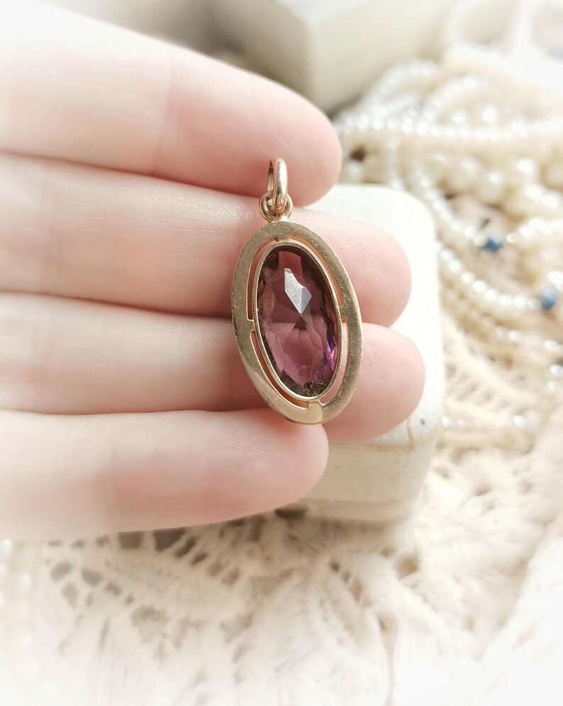 Beautiful French Vintage C1950s Ametyst Glass Stone Gold Filled Pendant