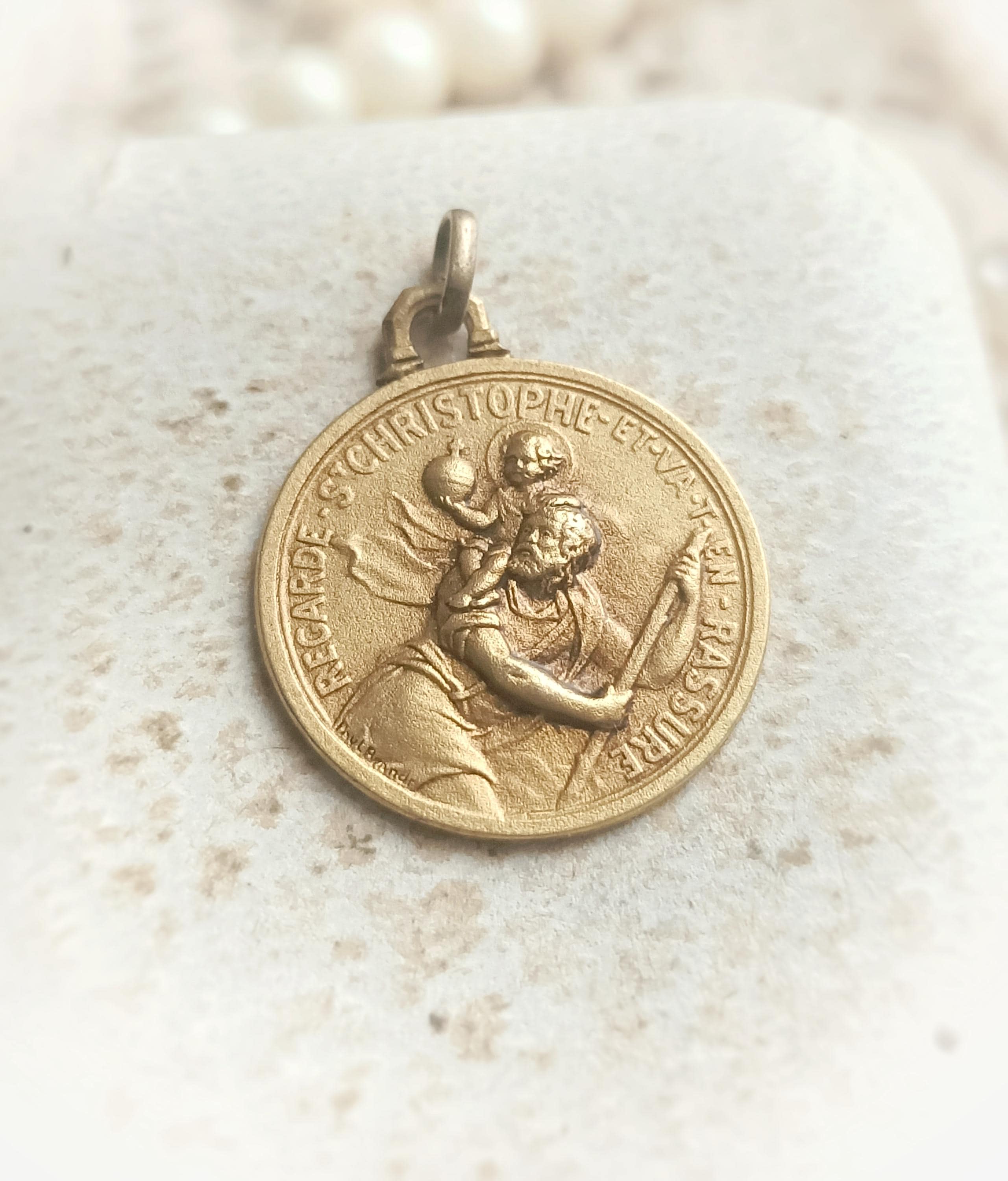 Beautiful French Vintage Signed BRANDT Gold Filled Religious Medal, French Gold St Christopher Pendant, Gift for Him or Her