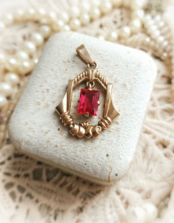 Beautiful French Antique FIX 18k Rose Gold Filled & Ruby Glass Stone Pendant, Ornate Frame Art Deco Pendant, Vintage Wedding, Gift for Her