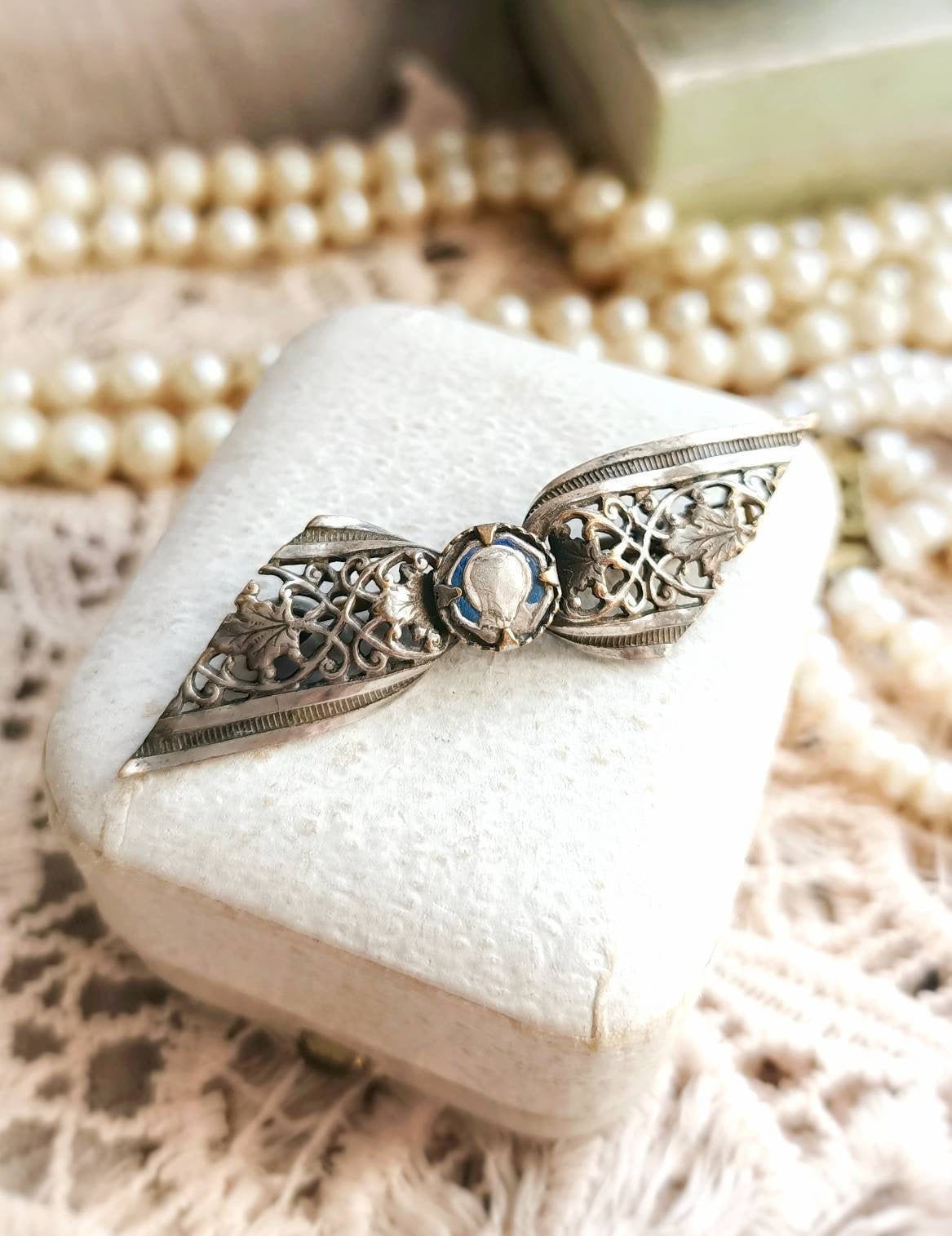 RARE French Antique 1900s Virgin Mary Blue Enamel Silvered Bow with Leaves & Arabesque Catholic Brooch, Victorian Ornate Pin, Gift for Her