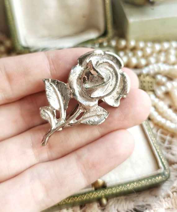 Beautiful French Vintage Silver Tone Metal Rose F… - image 1