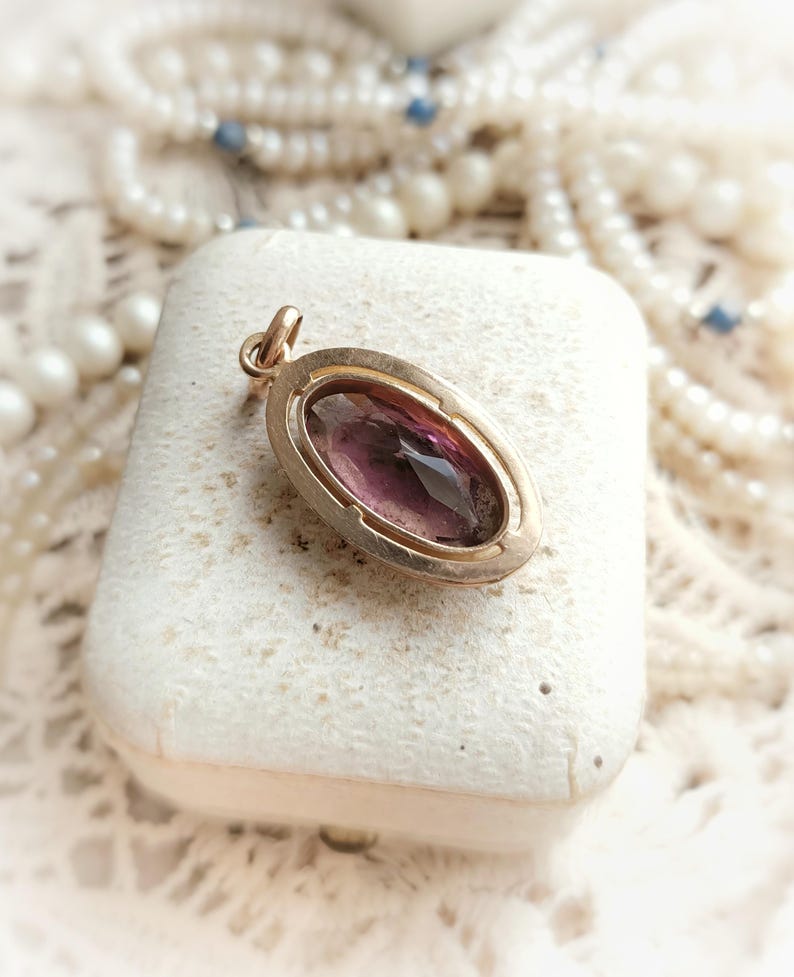 Beautiful French Vintage C1950s Ametyst Glass Stone Gold Filled Pendant