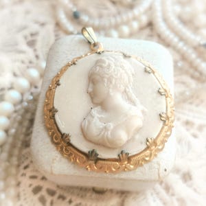 BIG Beautiful Antique French c1910s Carved Limestone Portrait Cameo Pendant, Antique Portrait Pendant, Vintage Wedding Gift, Gift for Her