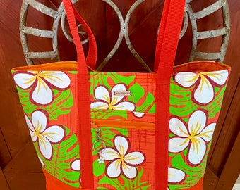 TTS49 - Title: Hawaiian Plumeria Tote Bag|Floral Print with Palm Leaves