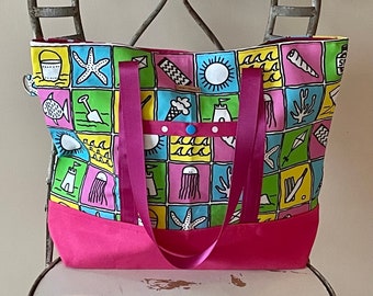 TTS22  Beach Day Tote Bag with Pink Canvas Bottom|Market BagTote